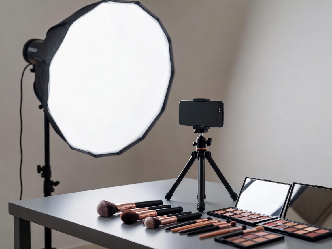 Phone camera and studio light prepared for filming a beauty tutorial