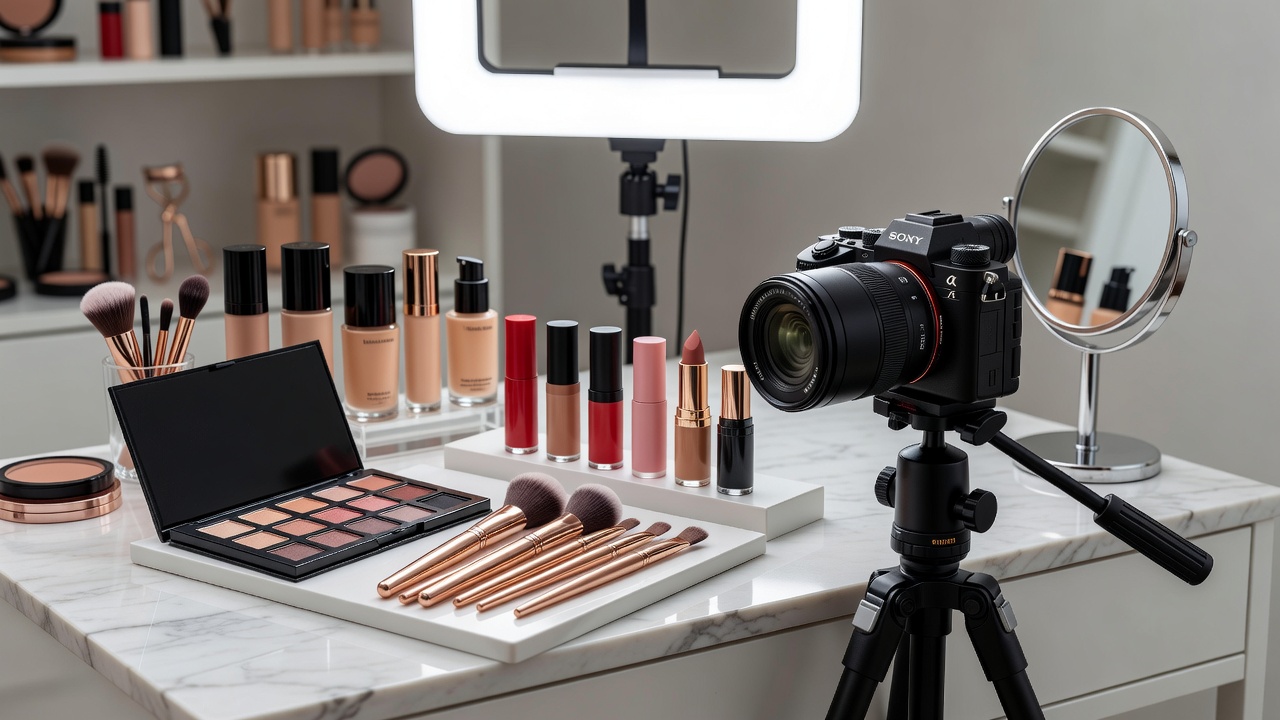 Camera and makeup products arranged for a beauty creator recording session