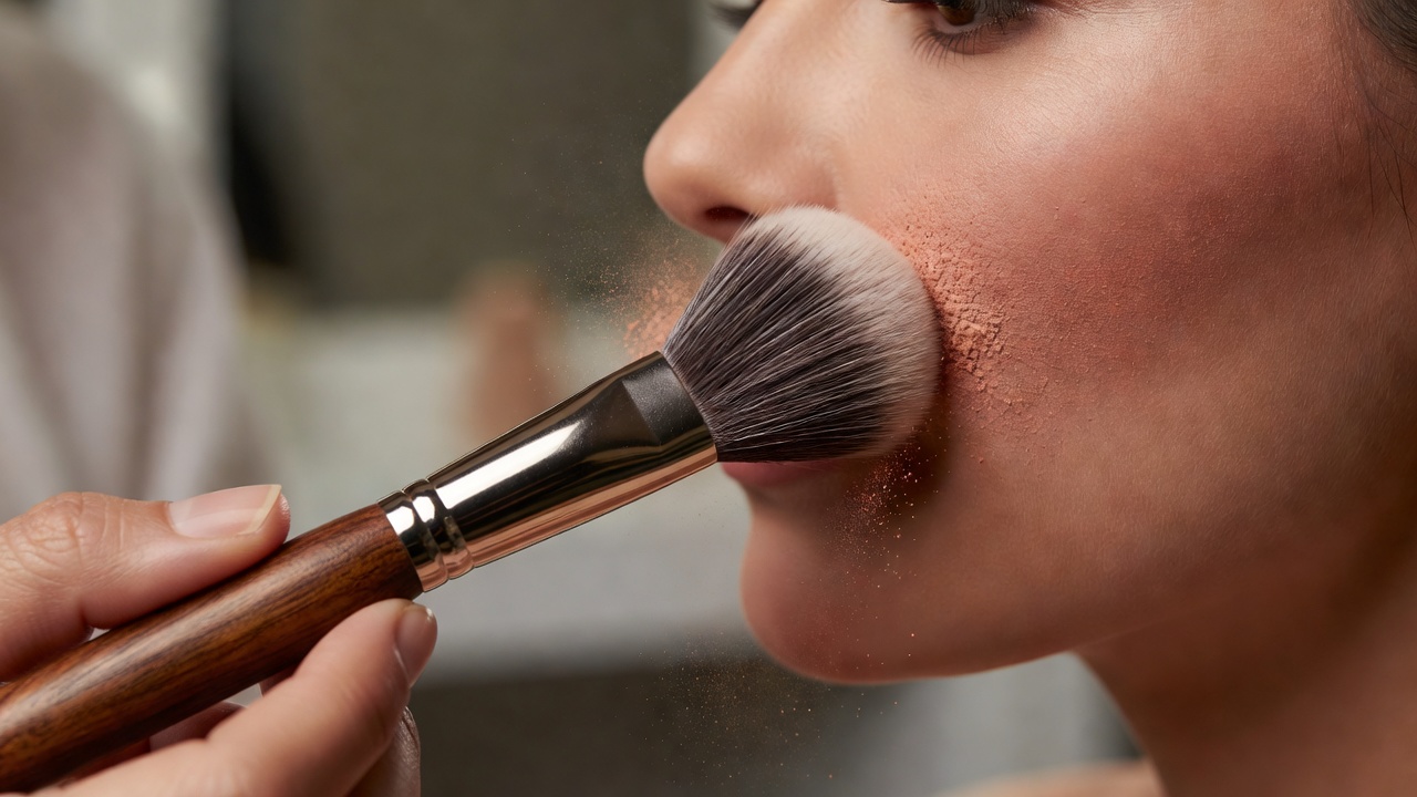 Makeup brush applying color to a cheek in a close studio view