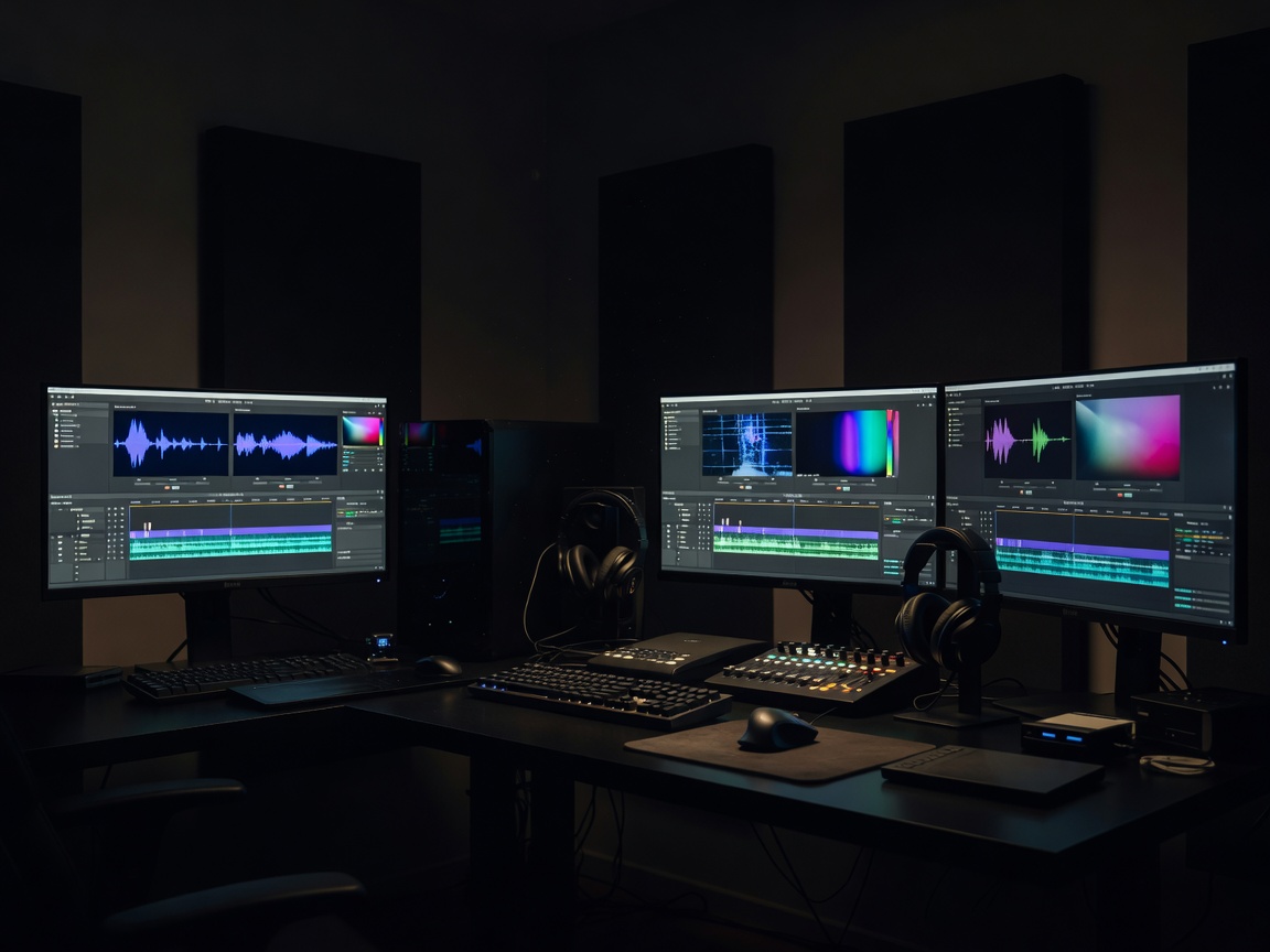 Dimly lit video editing desk with a monitor and production equipment